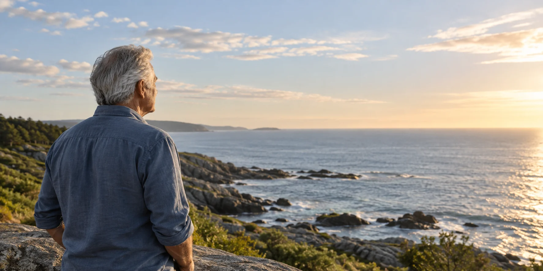 An older man looking out over the ocean in warm coastal light.