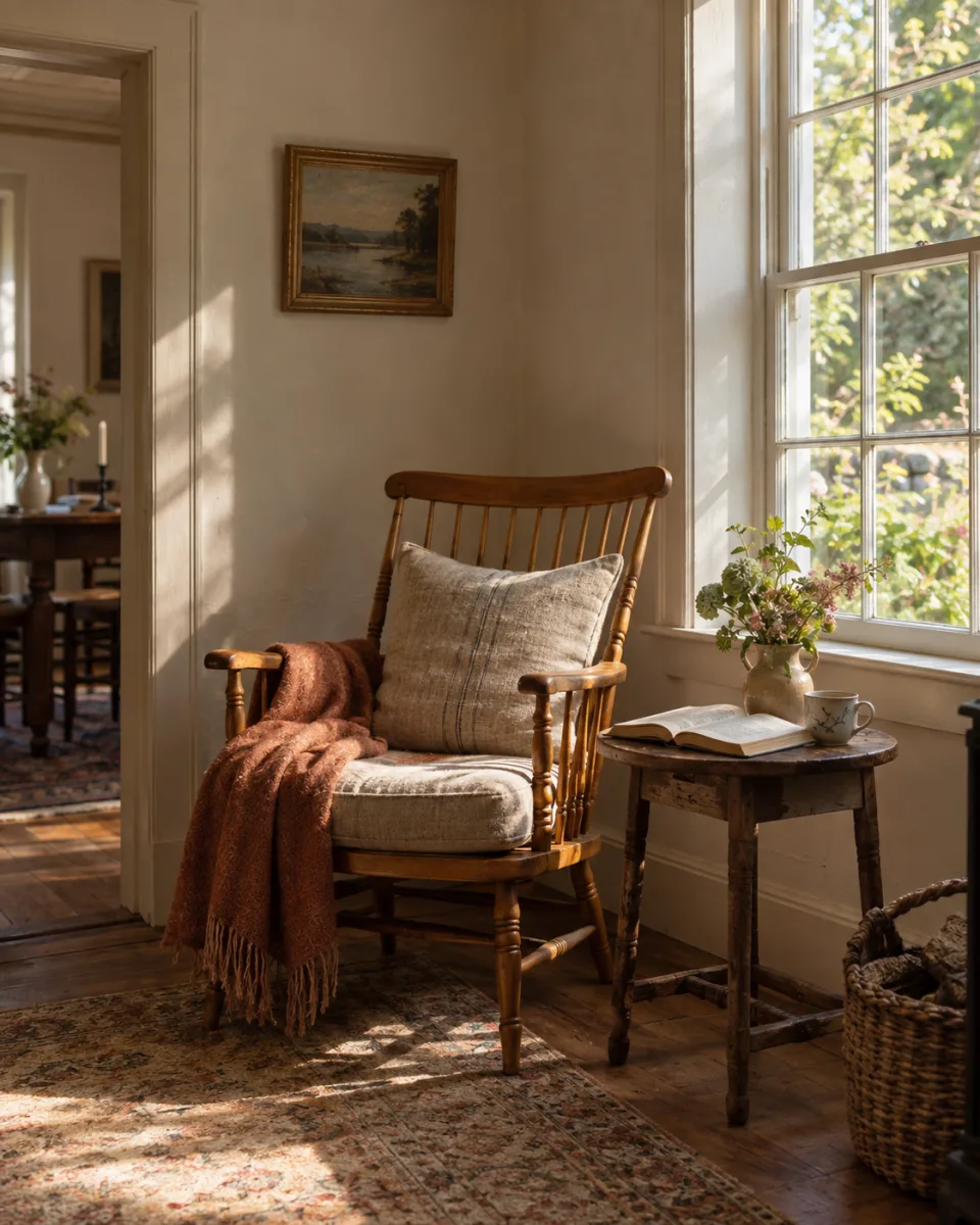 Afternoon sunlight across a reading chair and an open book in a quiet home.