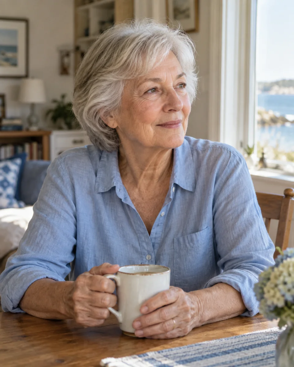 An older woman enjoying a cup of coffee by a sunlit window at home.